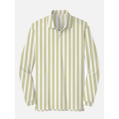 Plaid Series White LightYellow Colorblock Stripe Printing Men‘s Long Sleeve Polo