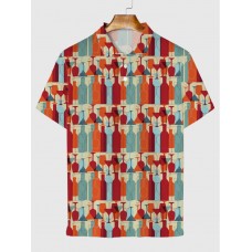 Contrasting Color Block Art Bottles And Cups Pattern Printing Men‘s Short Sleeve Polo