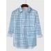 LightBlue Irregular Hand-Painted Checkered Printing Men's Long Sleeve Shirt