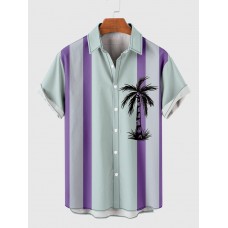 1960s LightCyan and MediumPurple Stripe Coconut Tree Printing Men's Short Sleeve Shirt