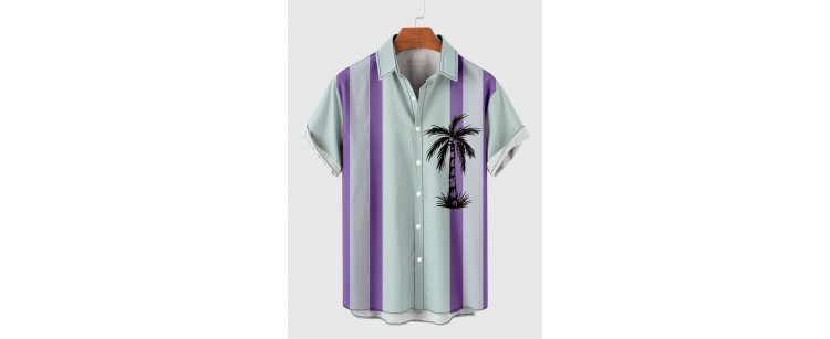 1960s LightCyan and MediumPurple Stripe Coconut Tree Printing Men's Short Sleeve Shirt